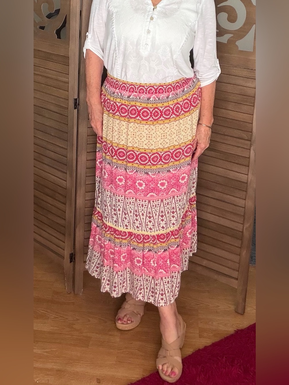 Cynthia Rowley Pink and Cream Printed Tiered Maxi Skirt